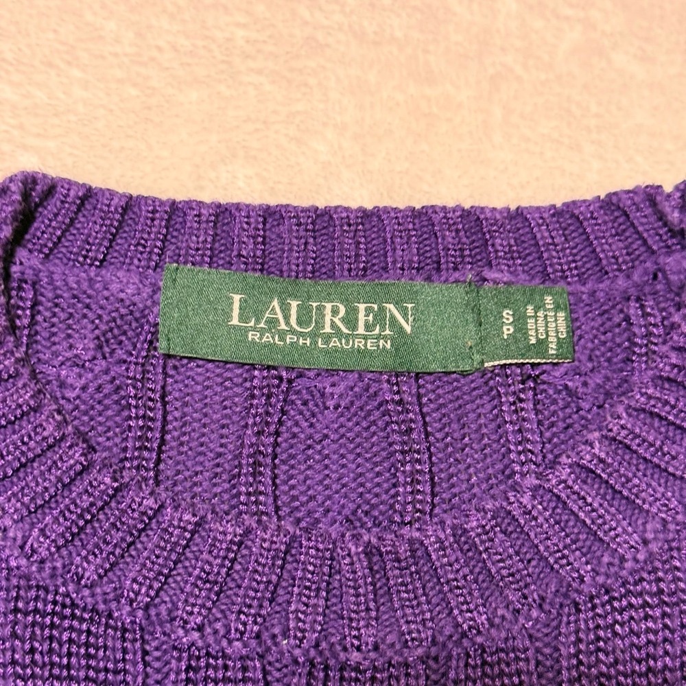 Lauren Ralph Lauren Purple Cable Knit Sweater Small Petite Metallic Crest Emblem - Picture 3 of 5